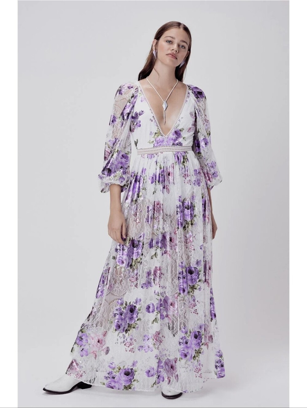 For Love And Lemons Wildflower Foil Lace Maxi Dress